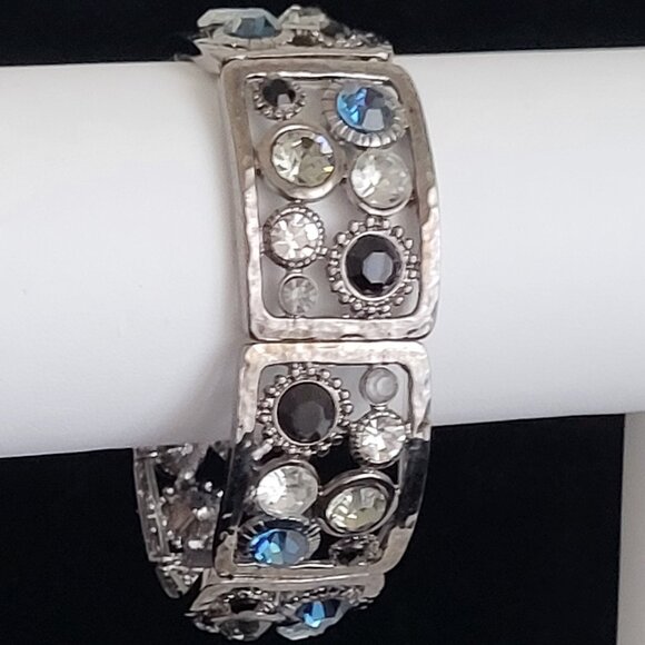 Hammer Dark Silver tone Link Bracelet Stretch Rhinestone Blue black clear 7/8" W - Picture 1 of 7